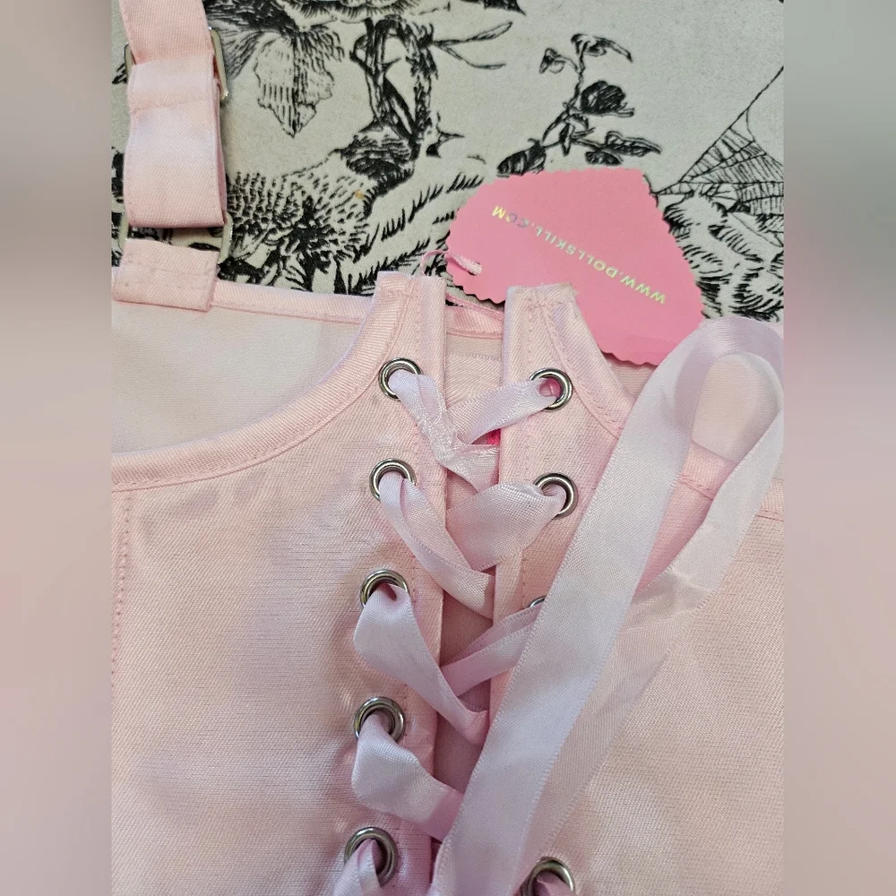 Dolls Kill Sugar Thrillz Pink Satin Underbust & Biker Shorts +Extra Mesh Flower - Picture 4 of 12